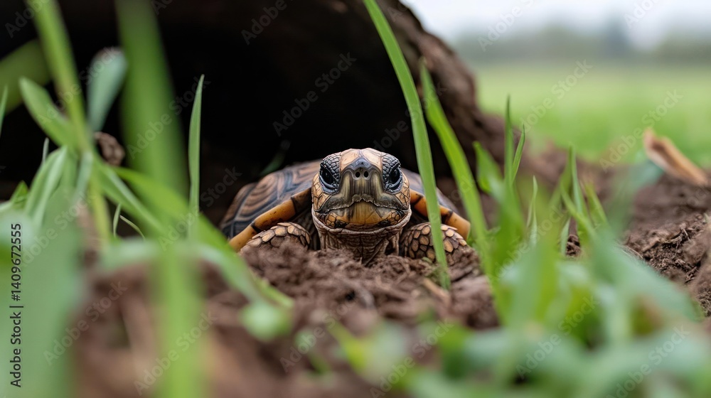 Poster a close-up shot of an orange and black turtle emerging from a dirt burrow, surrounded by green grass