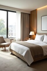 Serene Bedroom Interior Design Featuring a Comfortable Bed, Neutral Color Palette, and Abundant Natural Light