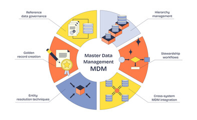 Master Data Management focuses on data governance, hierarchy, and integration, featuring icons like databases and flowcharts, transparent background. Neubrutalism style diagram.