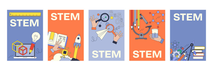 STEM concepts illustrated with geometric shapes, scientific tools, and mathematical symbols, transparent background.