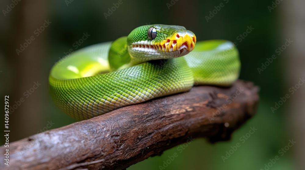 Aufkleber a vibrant green snake coils on a dark branch against a blurred green background. its yellow and red 