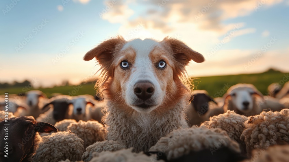 Poster close up of a dog amidst a flock of sheep during golden hour, set against a blue sky with wispy clou