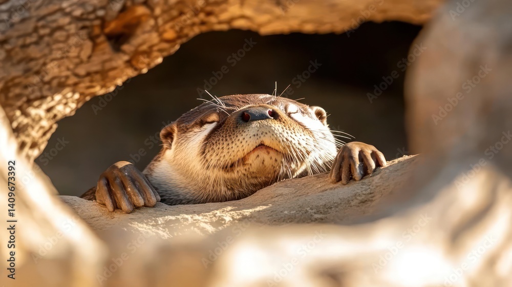 Poster close-up shot of a brown otter resting in a sandy burrow. the otter's face is visible with textured 