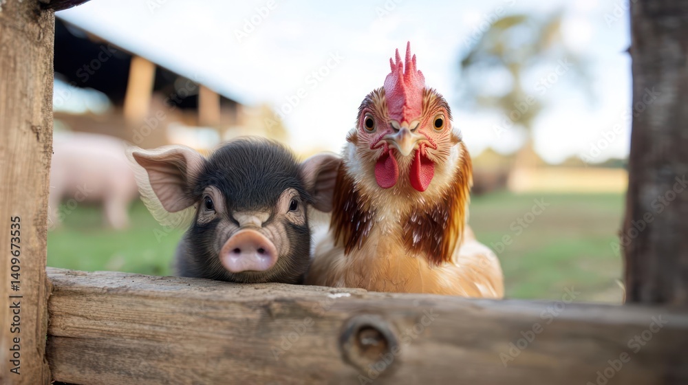 Aufkleber close-up shot of a small pig and a chicken standing side by side behind a weathered wooden fence, se