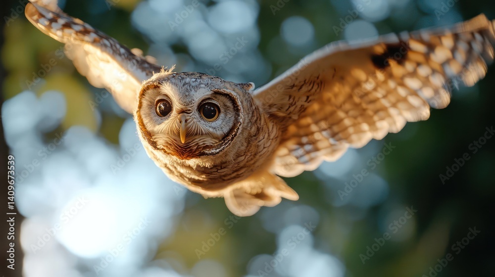 Aufkleber a majestic owl soars in flight with wings spread wide against a backdrop of blurred green trees. its