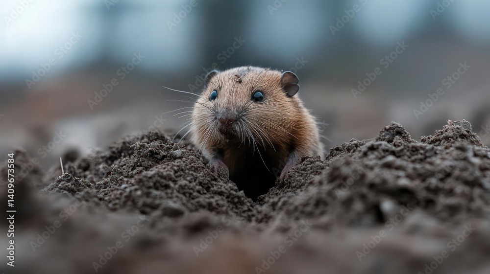 Aufkleber A focused medium shot features a brown field mouse emerging from a mound of soil with droplets of water spraying from its face. The background is intentionally blurred