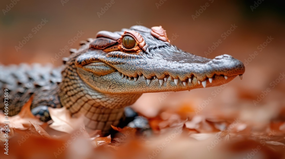 Poster a close-up image showcasing a juvenile reptile resting among fallen autumn leaves. the reptile's tex