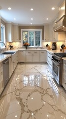 Bright kitchen with marble countertops cabinets and flooring modern interior design.
