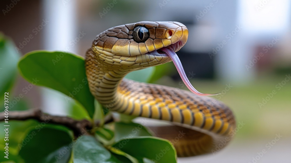 Poster captivating close-up of a yellow and brown snake with its tongue extended, gracefully posed on a ver