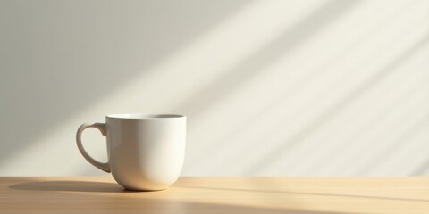 Fototapeta premium A Simple White Mug Resting on a Light Wooden Table in Soft Sunlight