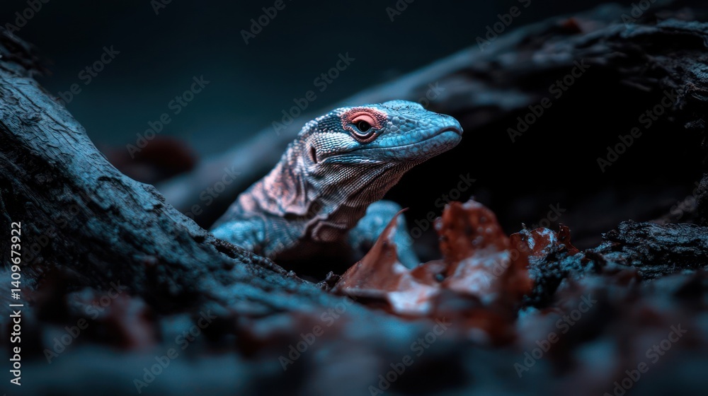 Poster macro image of a lizard head with red eyes amidst a blurry background of tree branches and fallen le