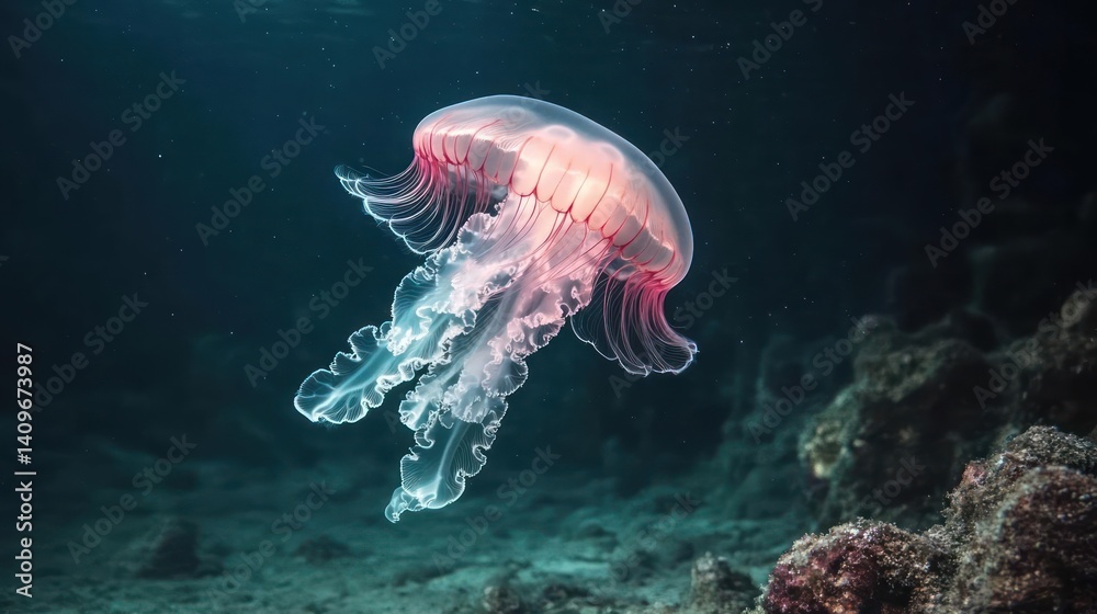Poster Image showcases a translucent jellyfish with red markings gracefully swimming in a deep blue ocean, accented by scattered light. The sea floor is partially visible, adding depth to the underwater