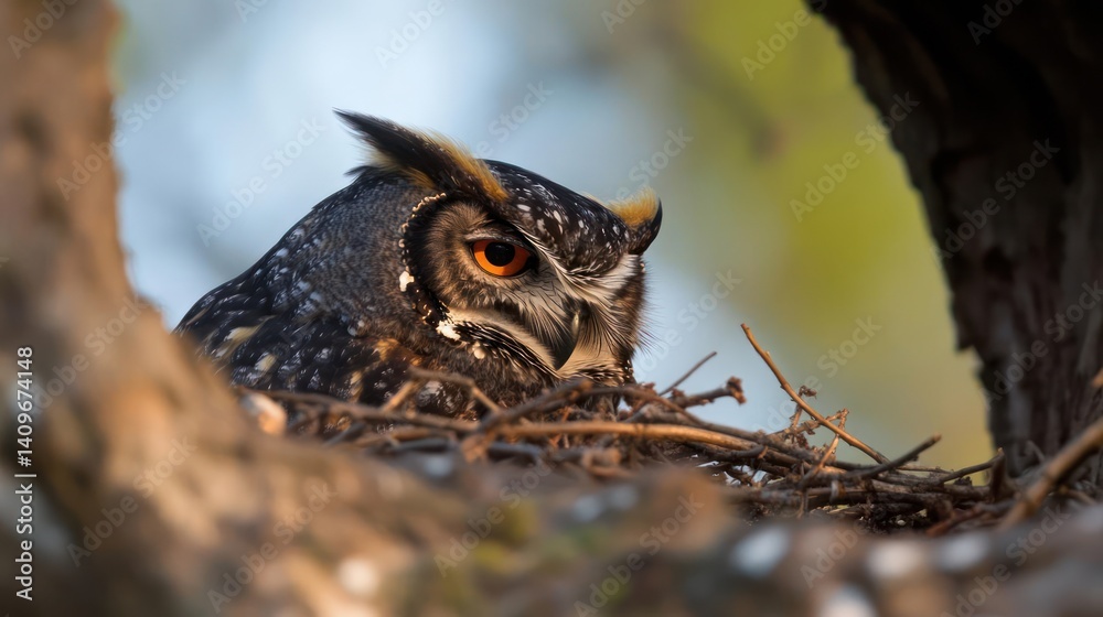 Poster Close up of an owl sitting in its nest. The owl is looking directly at the viewer with its bright orange eyes. The nest is made of twigs and leaves, and the background is blurred with warm hues