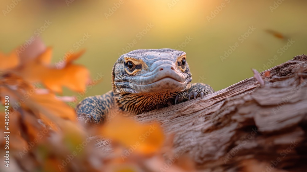 Poster Close-up shot of a lizard with a rough, scaly texture resting on a weathered log, surrounded by vibrant fall leaves. The lizard's skin displays a mosaic of colors, with its gaze fixed forward, set