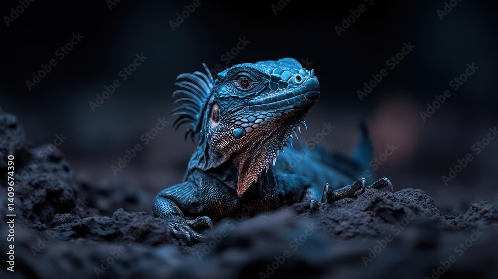 Poster close-up shot of a blue frilled lizard sitting on mud, dark background, focusing on the reptile's sc