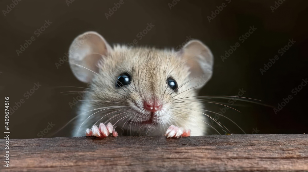 Poster close up on a small brown mouse with big ears and eyes resting its paws on wood, captured in sharp f