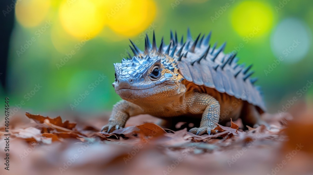 Aufkleber Close-up shot of an armadillo girdled lizard on fallen leaves with a blurred background of green and yellow bokeh lights, capturing its unique armor and texture in a natural setting with shallow