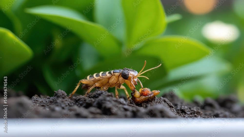 Poster close-up of a brown and black insect with intricate patterns, standing on dark soil. green leaves pr