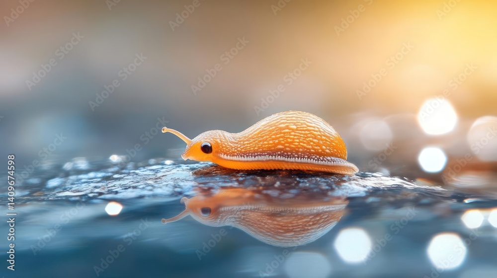 Poster close-up of a vibrant orange snail with textured shell, reflected in a shallow pool of water under a