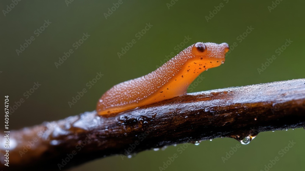 Poster A close up view of a small, light brown slug crawling on a dark branch covered with water droplets. The background is a soft, blurred green, adding to the serene and natural atmosphere of the image