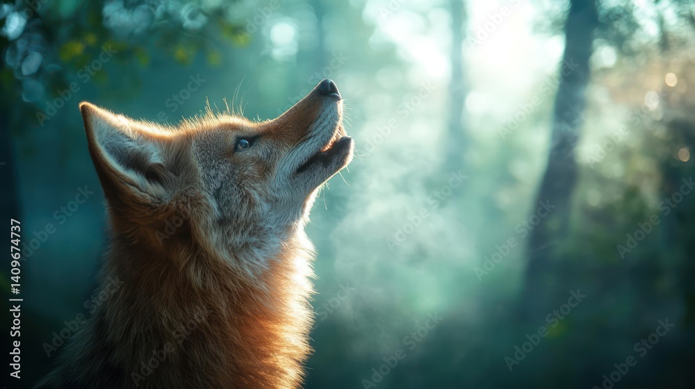 Poster A low angle shot of a red fox looking up with bright morning sunlight shining through the trees in the background, creating a dreamy and ethereal atmosphere in a green forest