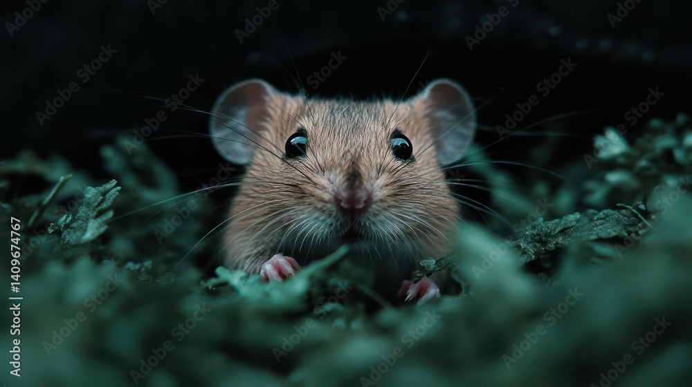 Poster A close up image shows a small brown field mouse with its head peeking out from green foliage. The focus is sharp, highlighting its whiskers and tiny paws against a dark background, capturing a