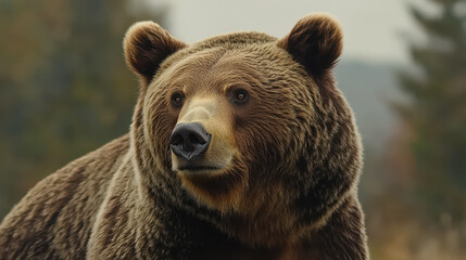 Fototapeta premium Close-up view of a brown bear showcasing rich earth tones and fur details in natural light, reflecting a dramatic mood in its wild habitat