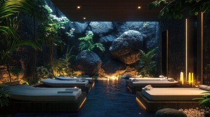 tranquil sanctuary a luxurious spa environment featuring massage beds in a serene setting surrounded by natural elements like rocks plants and water offering relaxation and rejuvenation