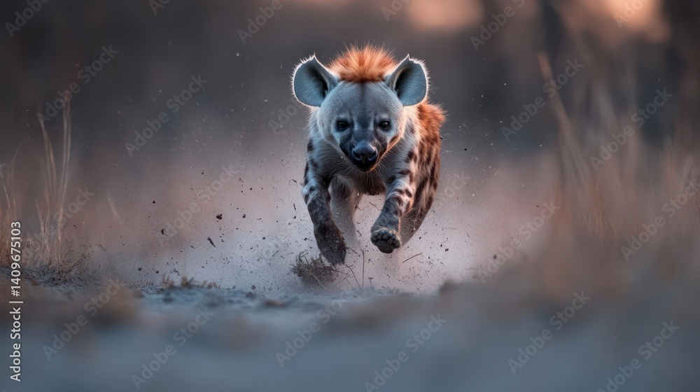 Poster dramatic image of a spotted hyena running towards the camera on a dusty path in a grassy field. the 