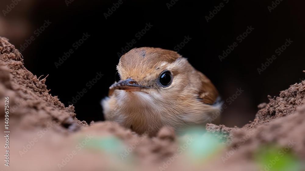 Poster close-up shot of a small bird with brown feathers emerging from a burrow in the dirt, looking direct