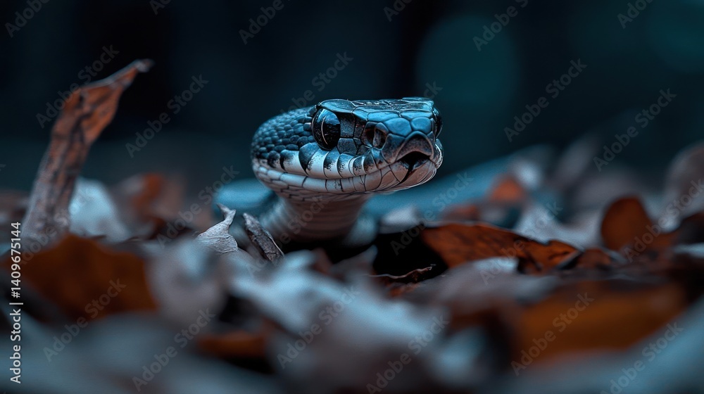 Poster a closeup shot of snake in a low angle, featuring the snake's head emerging from a bed of dried leav