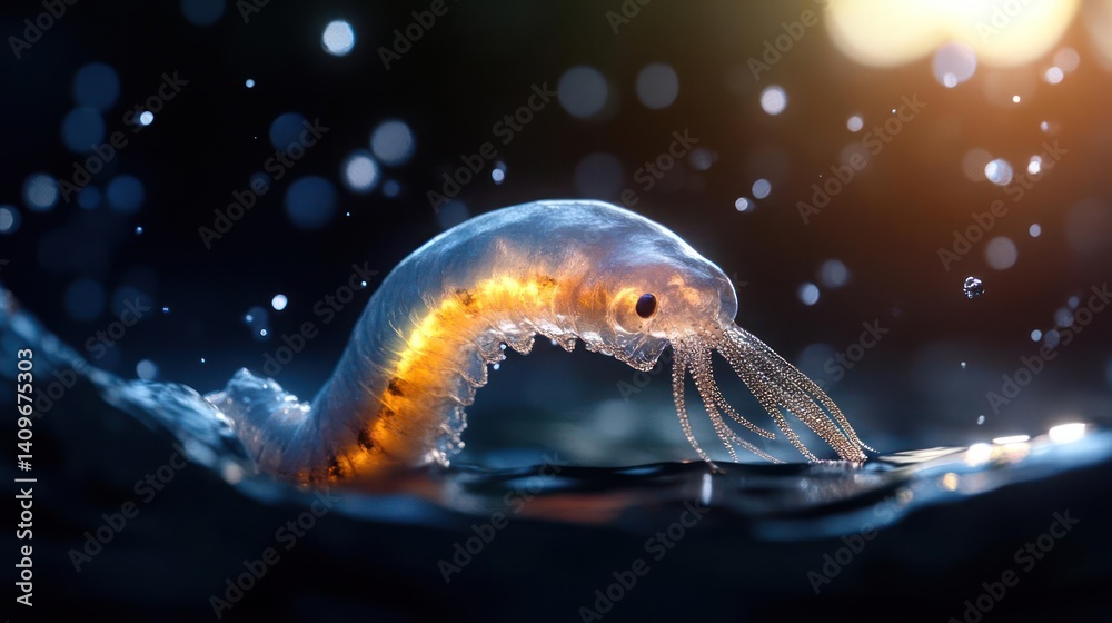 Poster close-up shot of a glowing jellyfish in dark water. the jellyfish has a translucent body with an ora