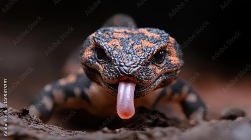 Poster close up shot of a reptile with tongue sticking out. it has a black and orange pattern skin. the bac