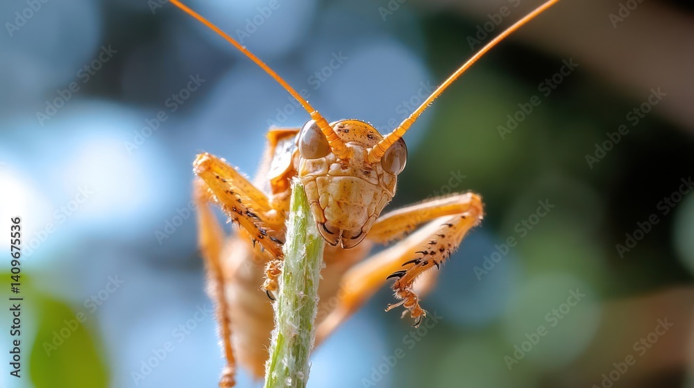 Aufkleber a close up shot of a yellow grasshopper perched on a plant stem. the background is blurred, featurin