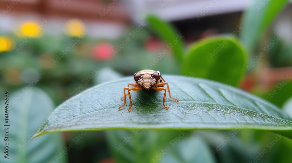 Aufkleber a close-up captures a small, brown insect with intricate patterns on its body, resting atop a vibran
