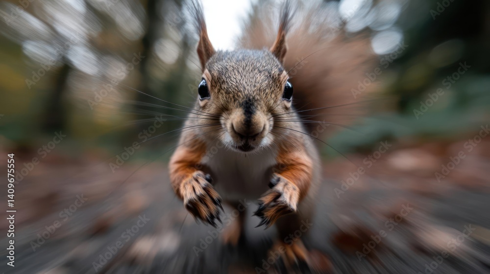 Poster Close up of a reddish brown squirrel with a bushy tail running on a path with fallen leaves. It has big eyes and its paws are outstretched. The background is blurred and contains shades of brown and