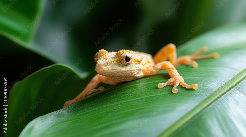 Aufkleber close up, eye level shot of a small orange frog perched on a glossy green leaf. the frog faces the v