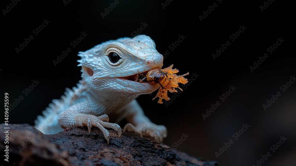 Poster close-up of a small, light-colored reptile perched on a textured branch, eating a cluster of small o
