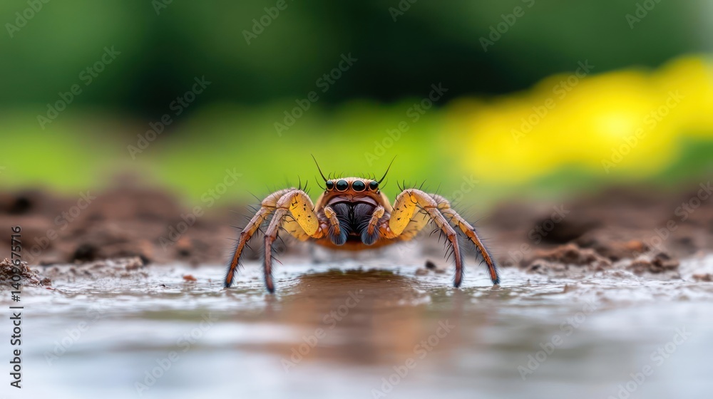 Poster a vibrant macro shot captures an orange and black spider standing on a wet surface, its reflection m