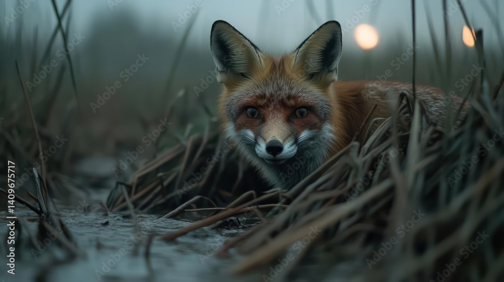 Aufkleber a striking close-up captures a red fox amidst blades of grass, its fur dusted with a snowy texture, 