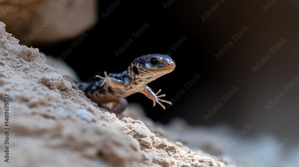 Poster a close-up, eye-level shot captures a small, spotted newt emerging from a sandy burrow. the newt's m