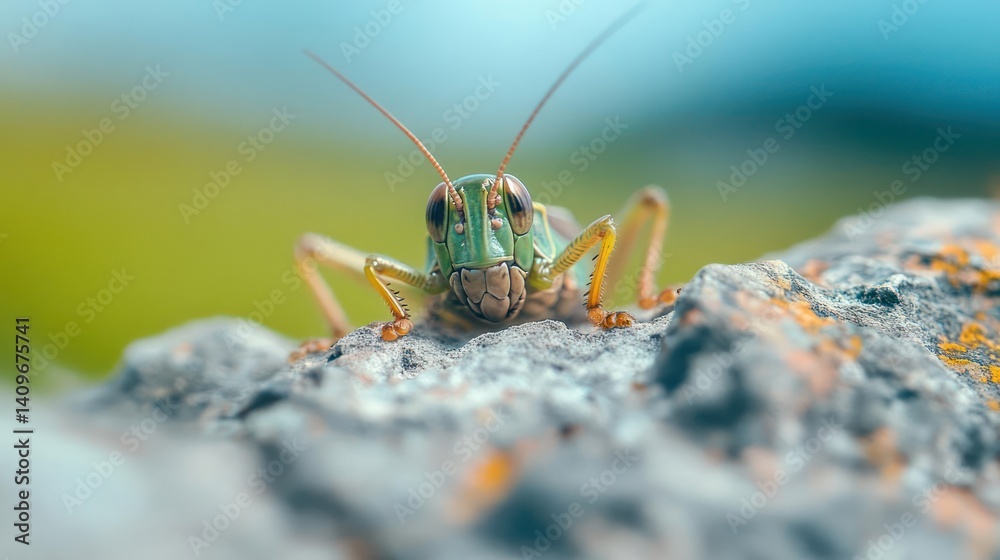 Poster a vivid close-up features a green grasshopper perched on a rock speckled with orange lichen. the ins