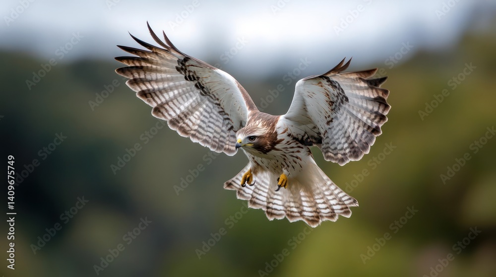 Poster A majestic hawk with patterned plumage soars, wings fully extended, against a soft green bokeh background. Its sharp talons and focused gaze highlight its predatory nature in a natural setting