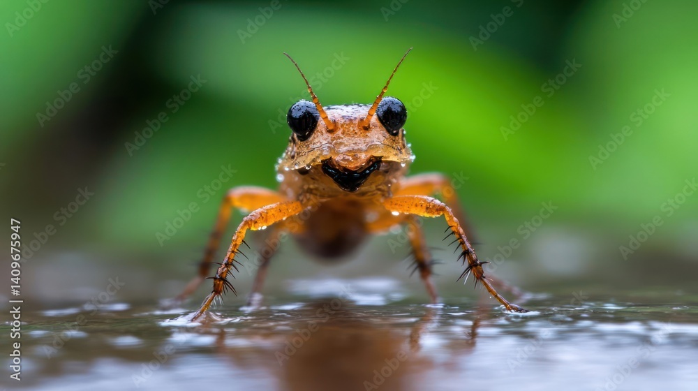 Aufkleber close up shot of a small insect with an orange exoskeleton covered in water droplets, standing on a 