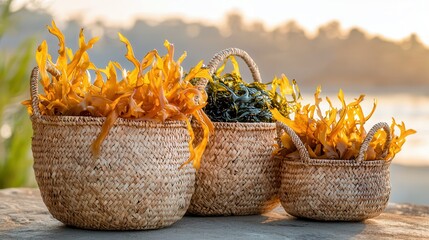 Seaweed superfood organic protein boost Woven baskets filled with colorful dried seaweed against a blurred background. © artchvit