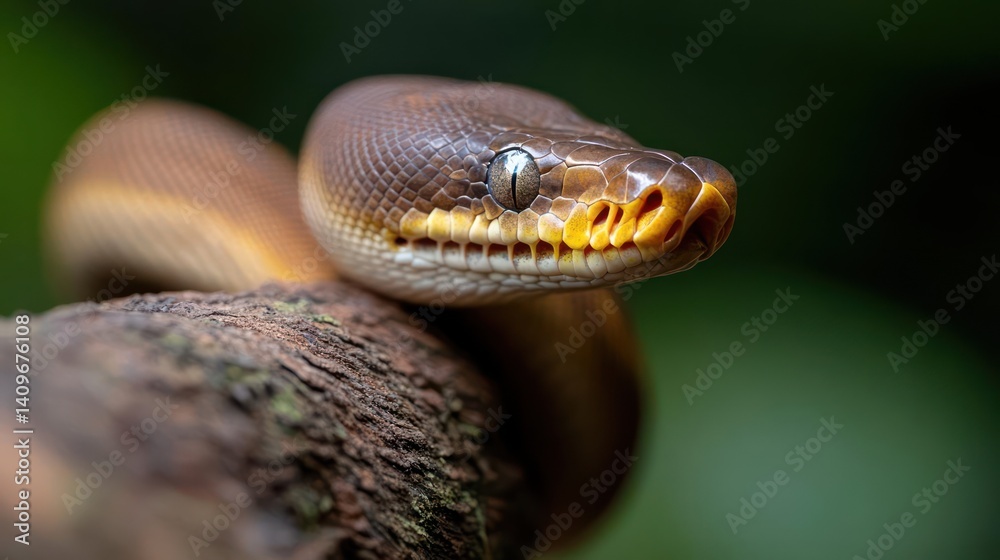 Poster Detailed close up of a brown snake with a yellow nose resting on a tree branch, set against a blurred green background. The snake's scales are smooth and the focus is sharp, highlighting its face and