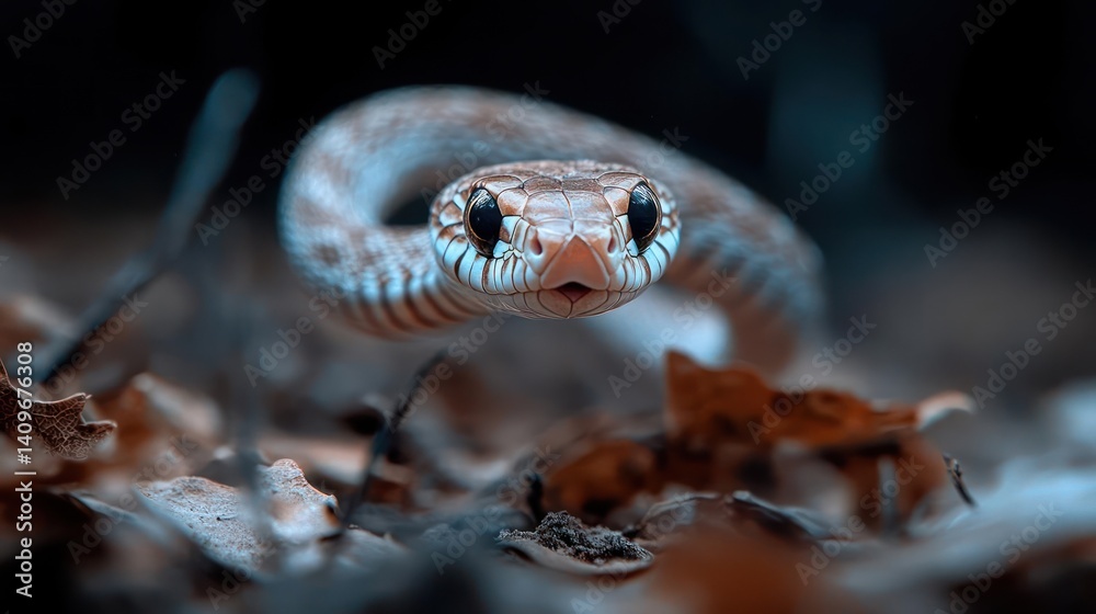 Poster dramatic close-up featuring a light brown snake with striking black eyes, coiled among fallen leaves