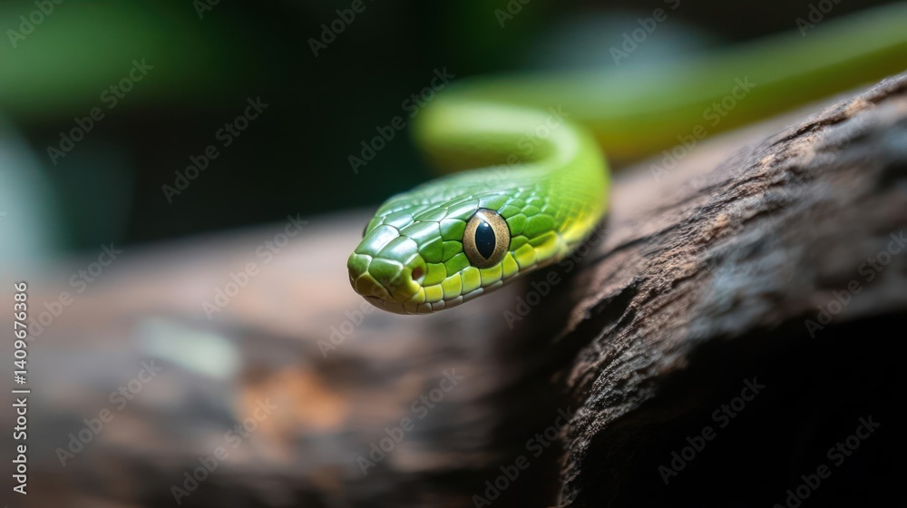 Poster captivating close-up of a vibrant green snake coiled on a textured brown branch, set against a soft-