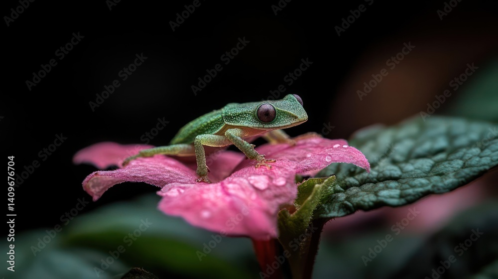 Poster detailed close up of a tiny green frog sitting on a light pink flower with water droplets. the frog 