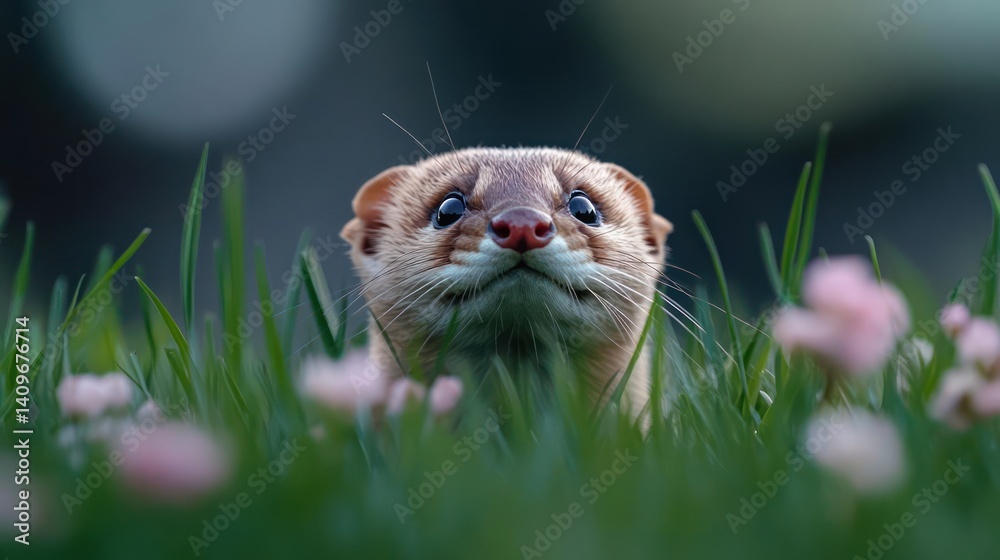 Poster low-angle closeup shot of a small weasel peaking from grass and pink blossoms under diffused sunligh